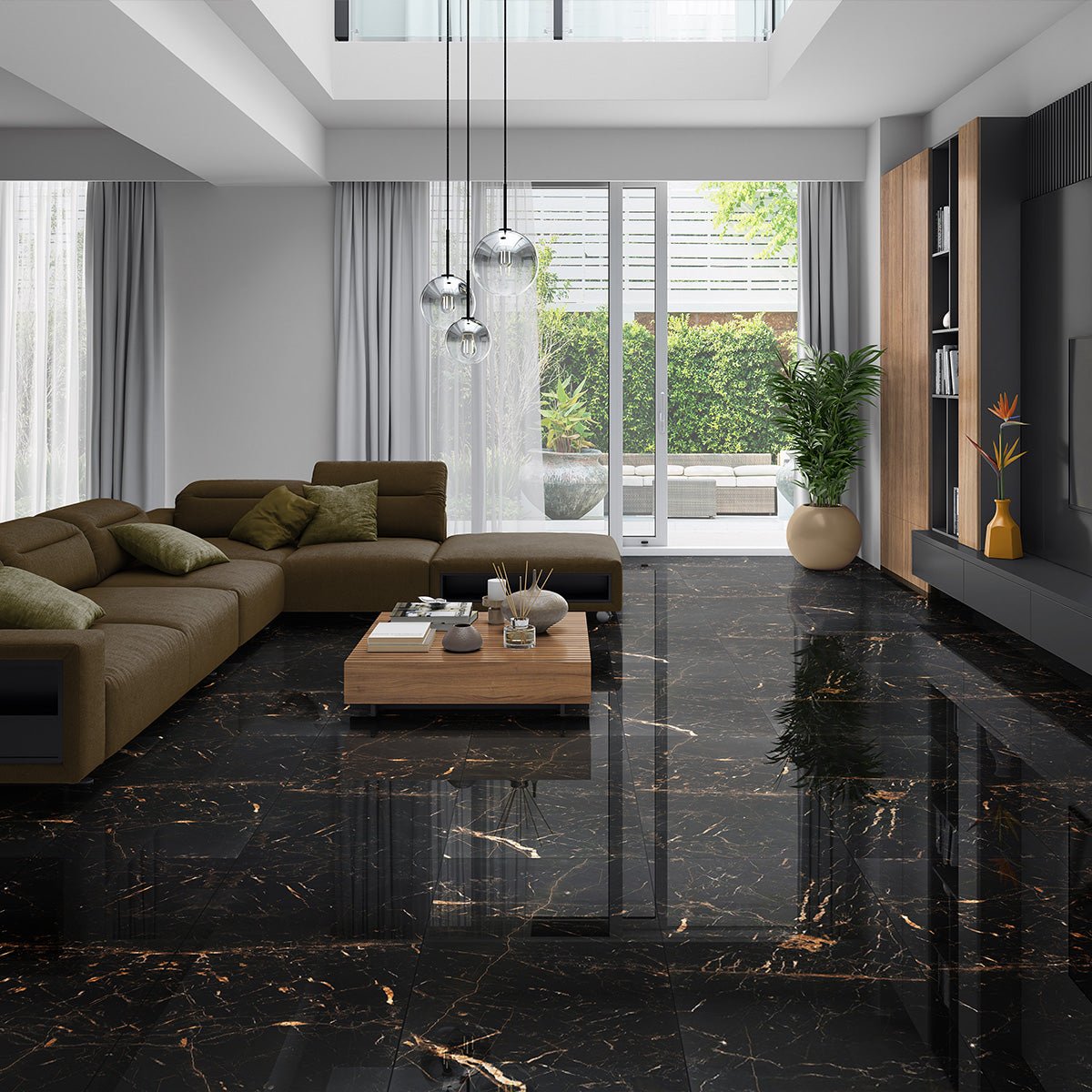Living room with Black & Gold Marble Effect Porcelain Tile 60x120cm polished flooring and modern décor.