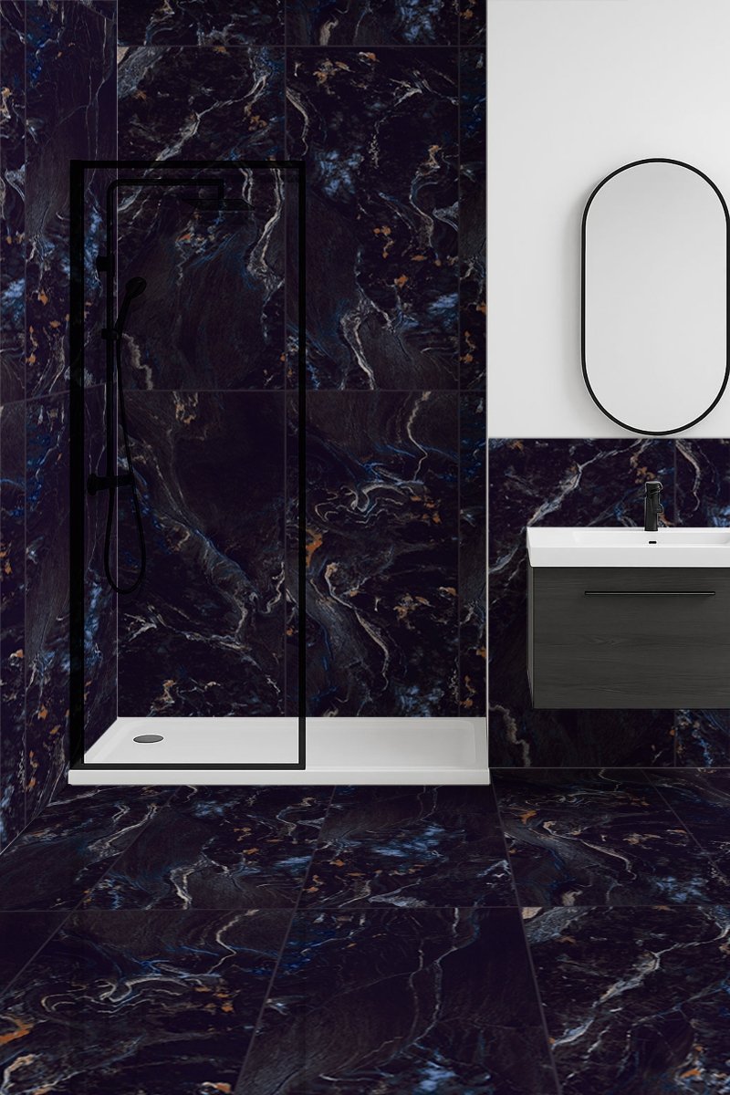 Modern bathroom interior featuring Multi Blue Milkyway Polished Porcelain 60x120cm Wall Floor Tile – Tiles Paradise UK