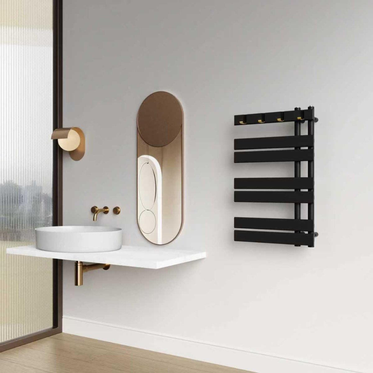 Delano 800x500mm Matt Black Heated Towel Rail – Compact Designer Radiator, Central Connection - TILES Paradise
