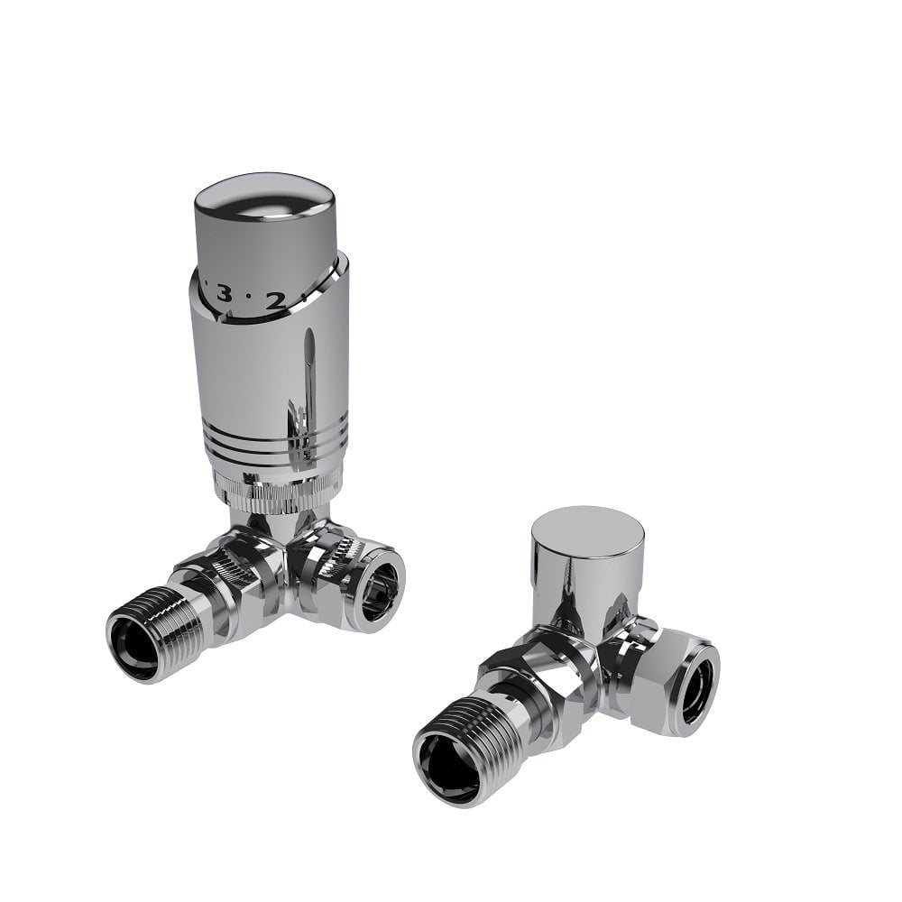 Designer Thermostatic Radiator Valve Twin Pack with Lockshield – Chrome – Corner