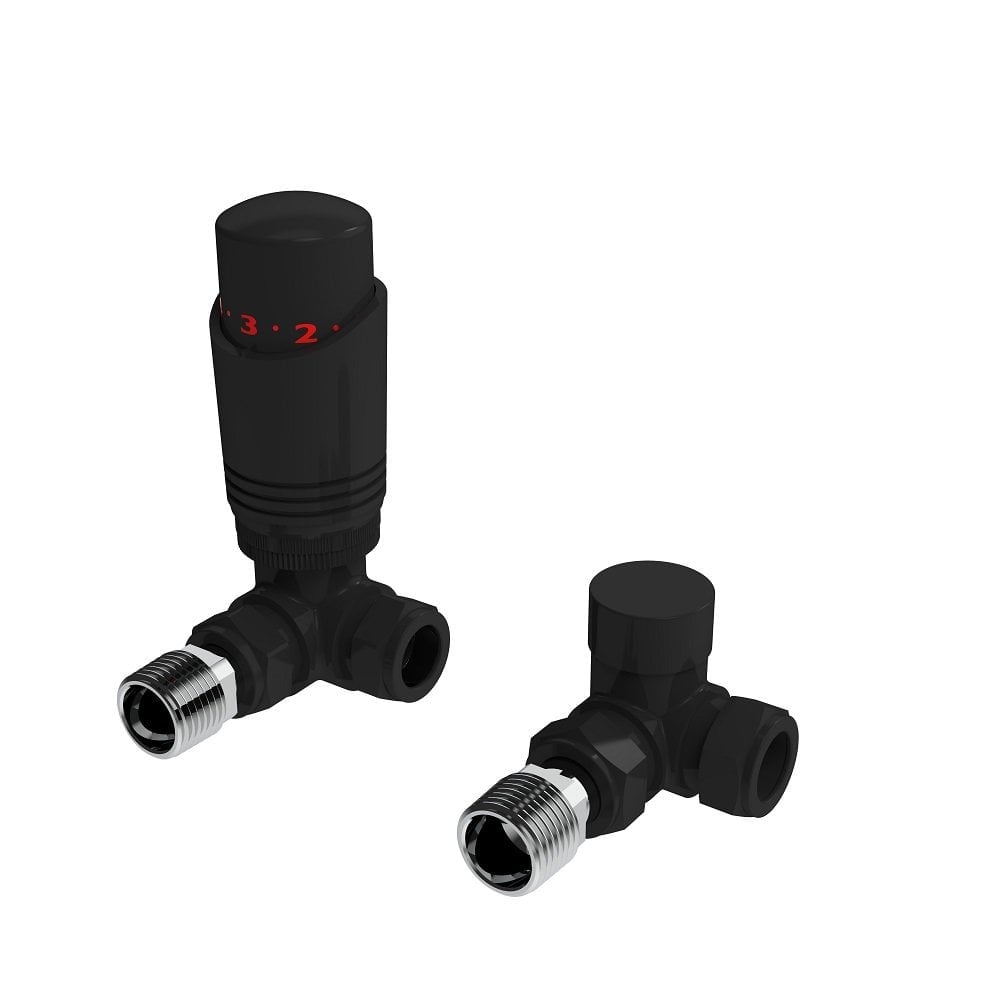 Designer Thermostatic Radiator Valve Twin Pack with Lockshield – Matt Black – Corner