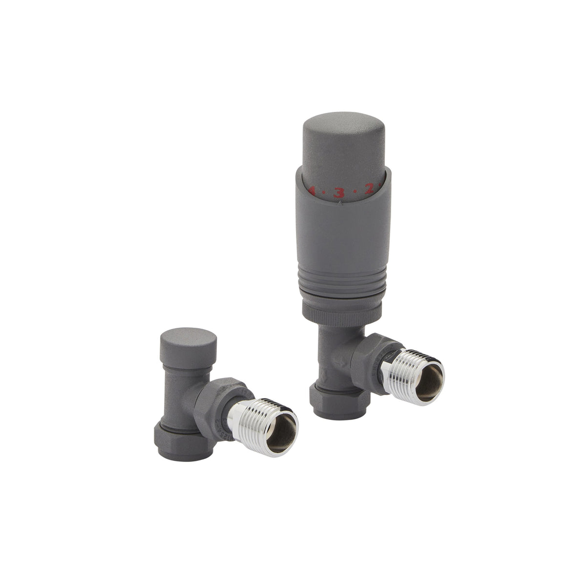Designer Thermostatic Radiator Valve Twin Pack with Lockshield – Textured Grey – Angled