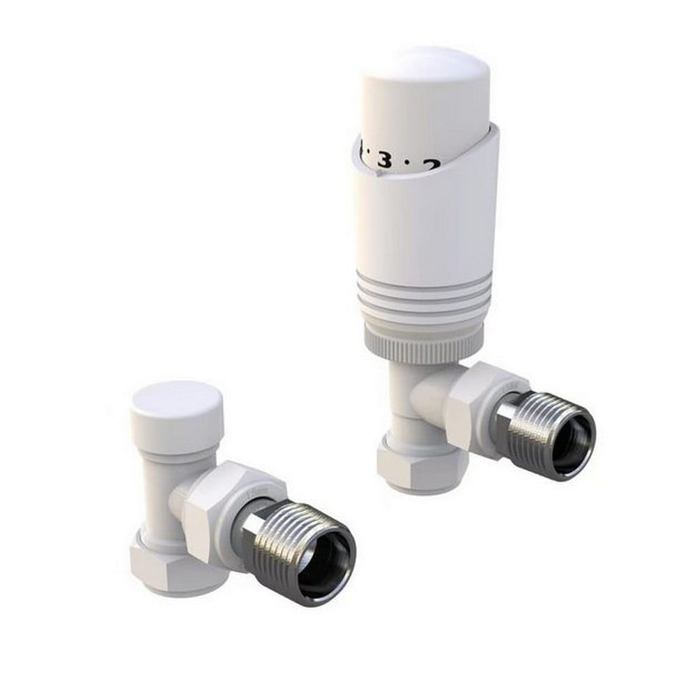 Designer Thermostatic Radiator Valve Twin Pack with Lockshield – White – Angled