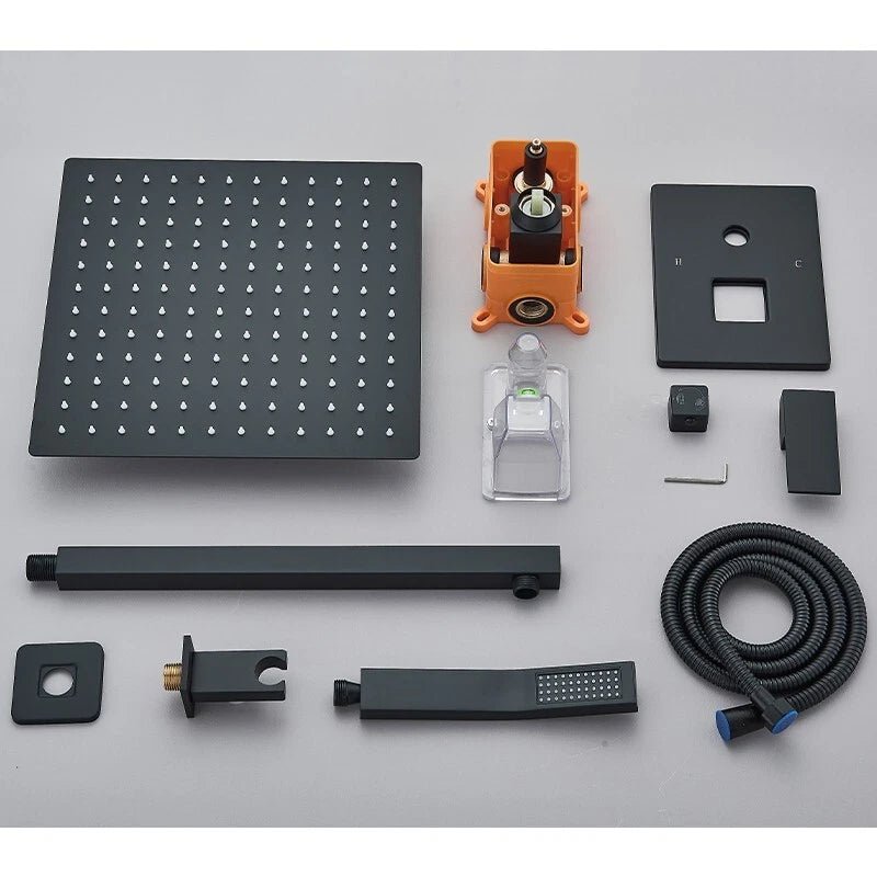 Drexon Black Concealed Shower Mixer Set – Square Rain Head & Handheld, Thermostatic Valve, Matte Finish - TILES Paradise