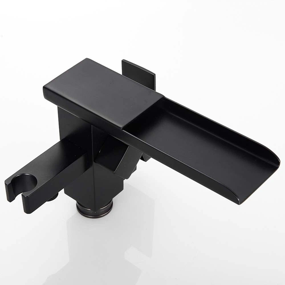 Drexon Black Square Waterfall Freestanding Bath Mixer Tap with Handheld Shower – Floor Mounted - TILES Paradise