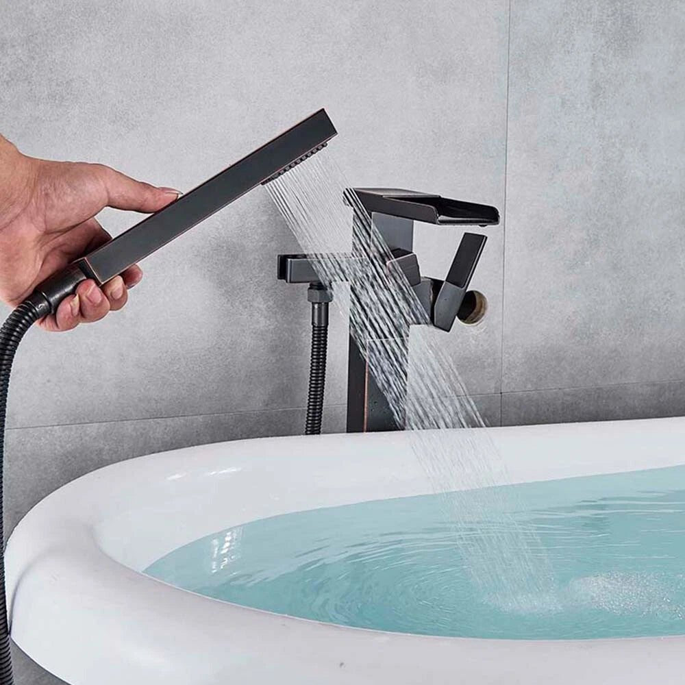 Drexon Black Square Waterfall Freestanding Bath Mixer Tap with Handheld Shower – Floor Mounted - TILES Paradise