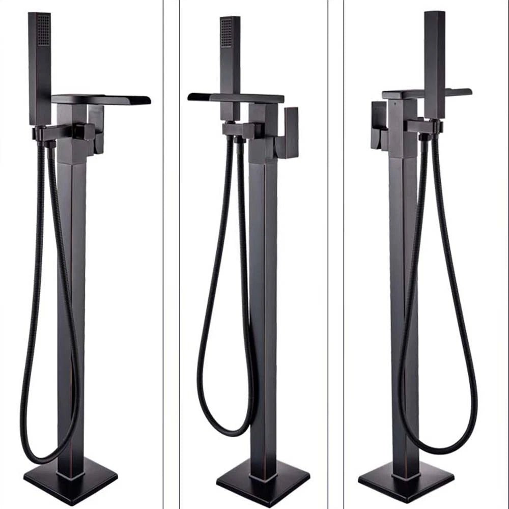 Drexon Black Square Waterfall Freestanding Bath Mixer Tap with Handheld Shower – Floor Mounted - TILES Paradise