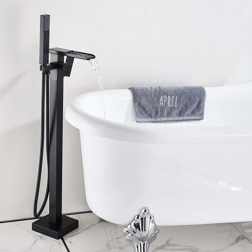 Drexon Black Square Waterfall Freestanding Bath Mixer Tap with Handheld Shower – Floor Mounted - TILES Paradise