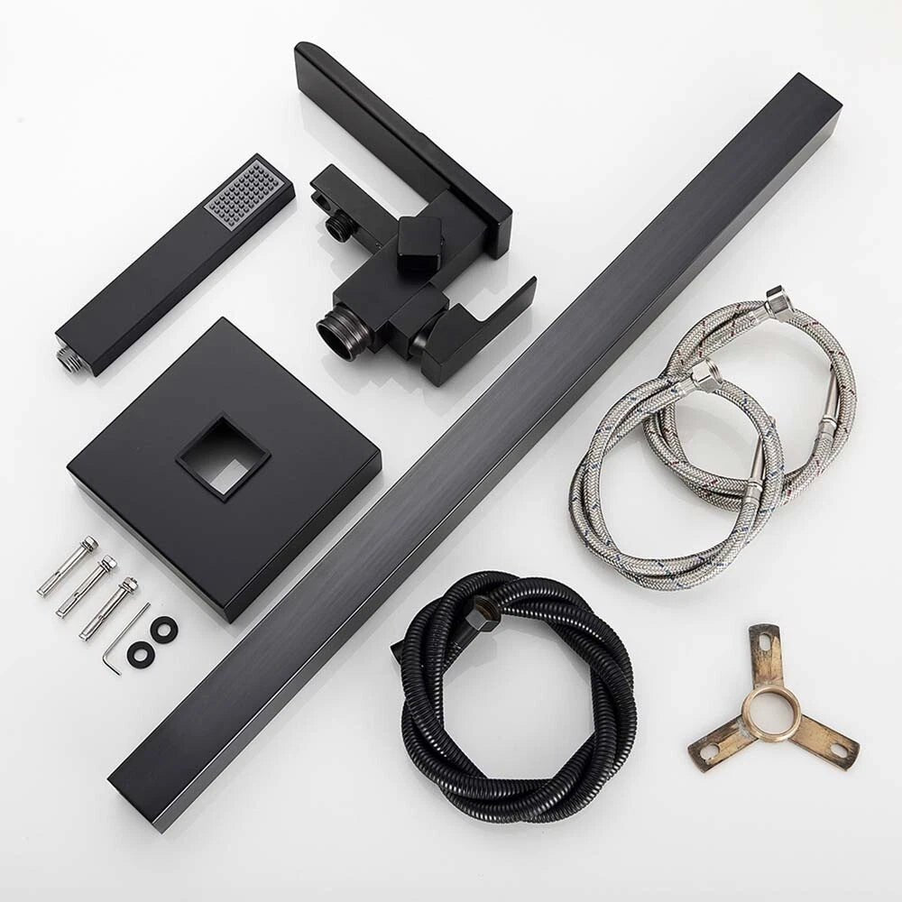 Drexon Black Square Waterfall Freestanding Bath Mixer Tap with Handheld Shower – Floor Mounted - TILES Paradise