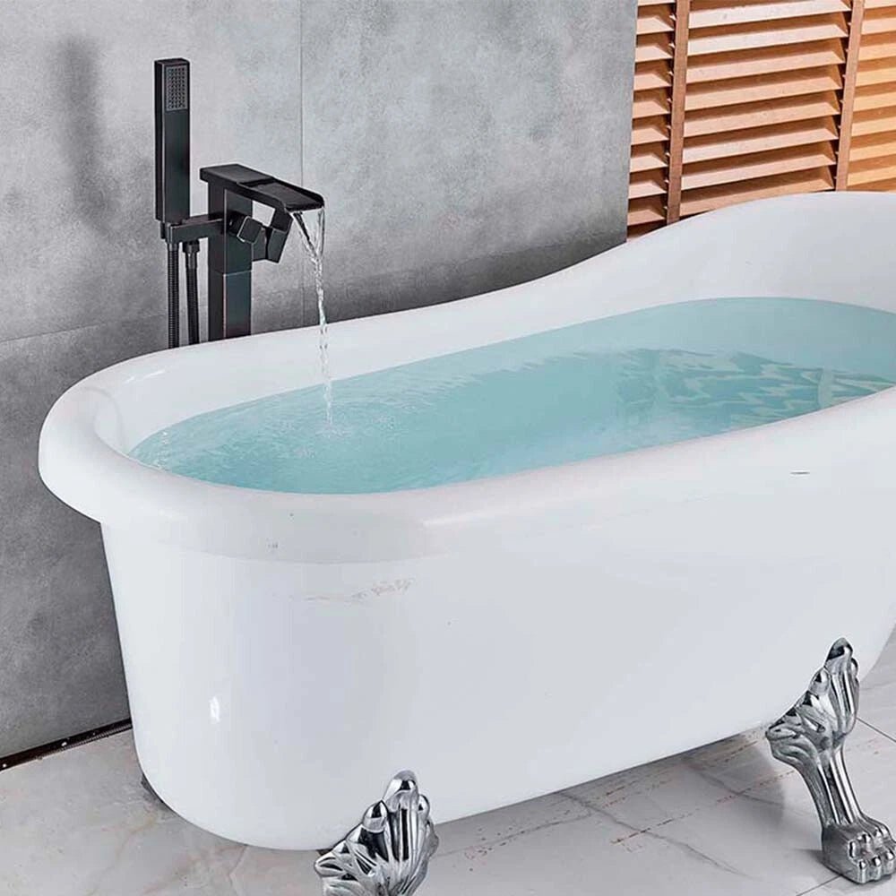 Drexon Black Square Waterfall Freestanding Bath Mixer Tap with Handheld Shower – Floor Mounted - TILES Paradise