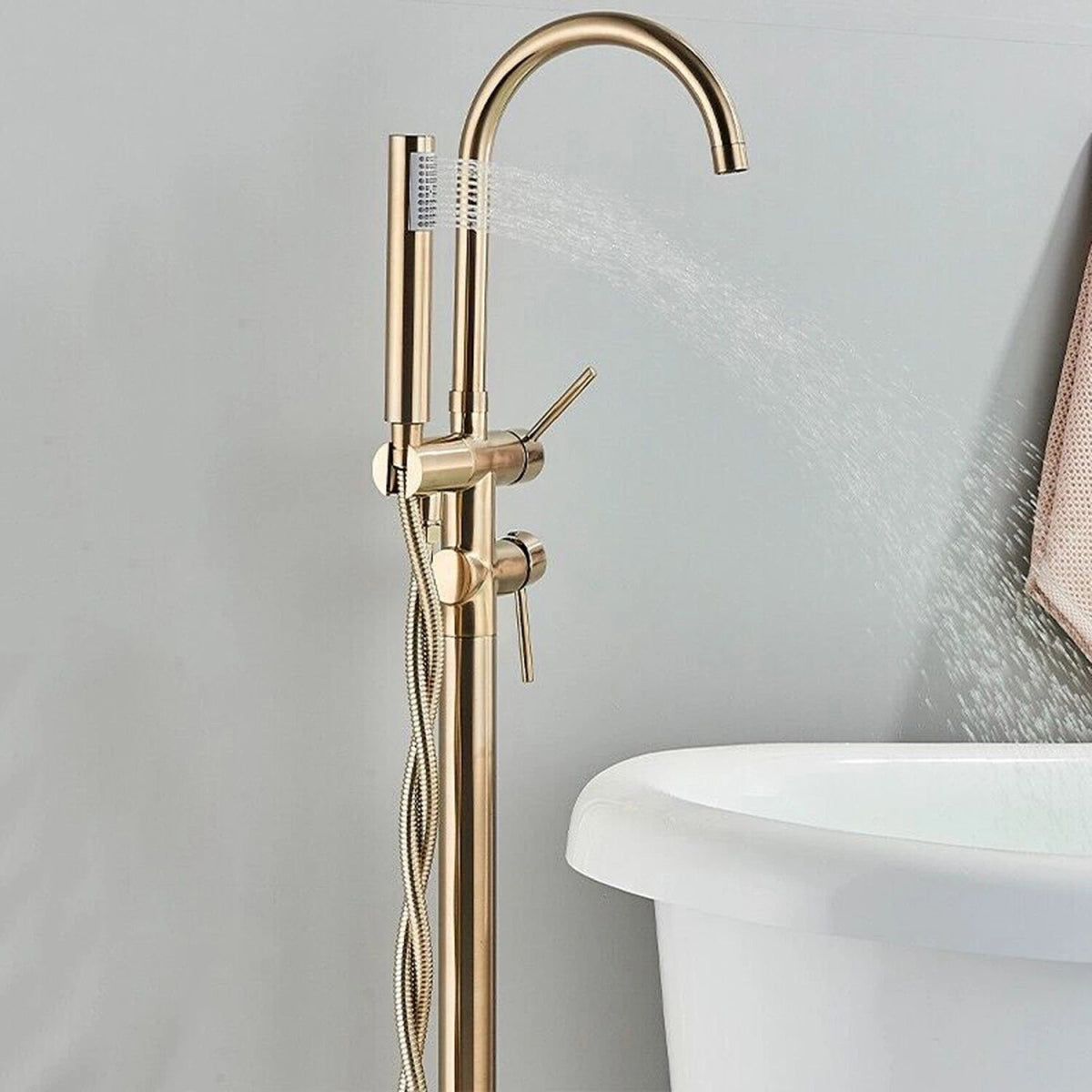 Drexon Brushed Gold Round Freestanding Bath Mixer Tap with Hand Shower – Dual Handle Floor Standing Filler - TILES Paradise