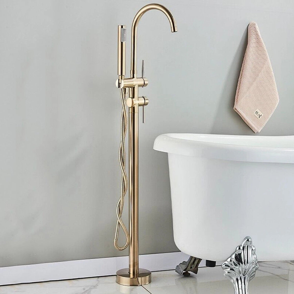 Drexon Brushed Gold Round Freestanding Bath Mixer Tap with Hand Shower – Dual Handle Floor Standing Filler - TILES Paradise