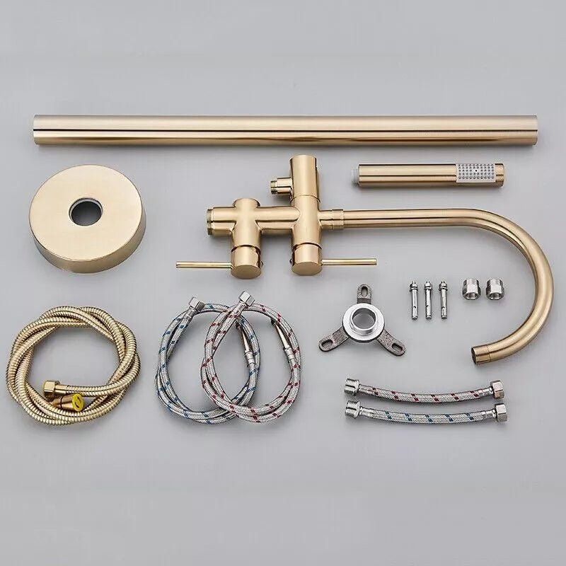 Drexon Brushed Gold Round Freestanding Bath Mixer Tap with Hand Shower – Dual Handle Floor Standing Filler - TILES Paradise