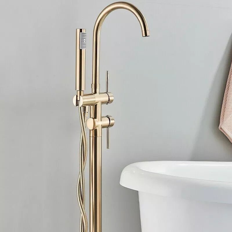 Drexon Brushed Gold Round Freestanding Bath Mixer Tap with Hand Shower – Dual Handle Floor Standing Filler - TILES Paradise
