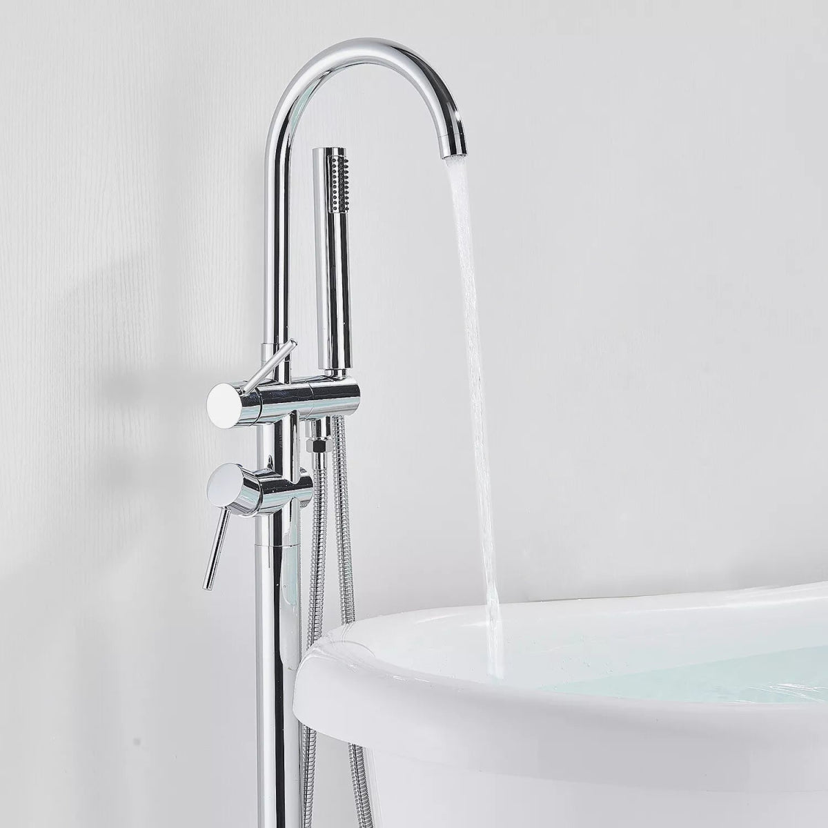 Drexon Chrome Round Freestanding Bath Mixer Tap with Hand Shower – Dual Handle Floor Standing Filler - TILES Paradise