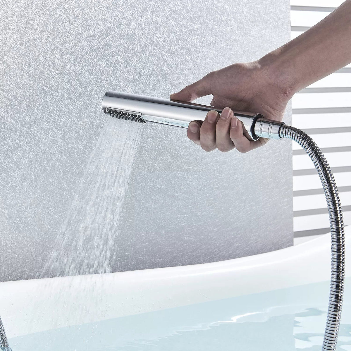 Drexon Chrome Round Freestanding Bath Mixer Tap with Hand Shower – Dual Handle Floor Standing Filler - TILES Paradise