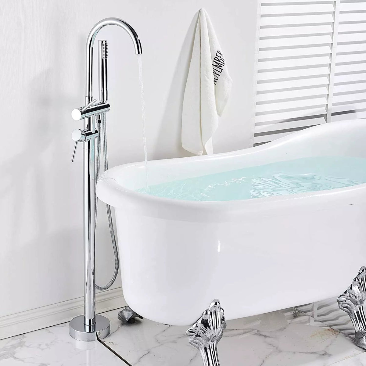 Drexon Chrome Round Freestanding Bath Mixer Tap with Hand Shower – Dual Handle Floor Standing Filler - TILES Paradise