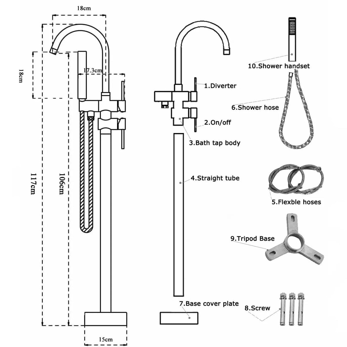Drexon Matt Black Round Freestanding Bath Mixer Tap with Hand Shower – Dual Handle Floor Standing Filler - TILES Paradise