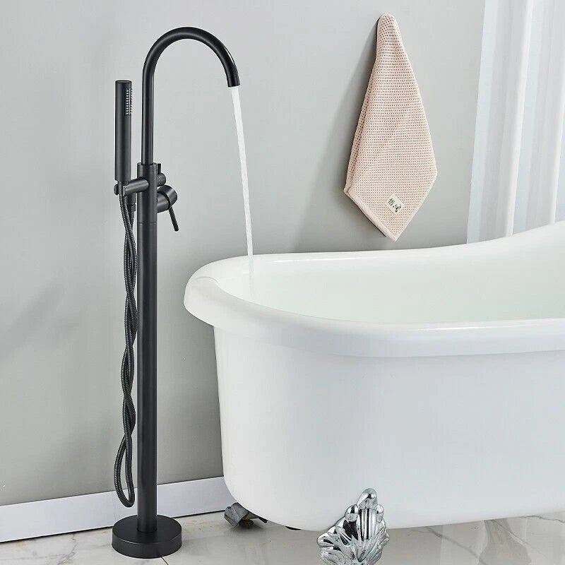 Drexon Matt Black Round Freestanding Bath Mixer Tap with Hand Shower – Dual Handle Floor Standing Filler - TILES Paradise