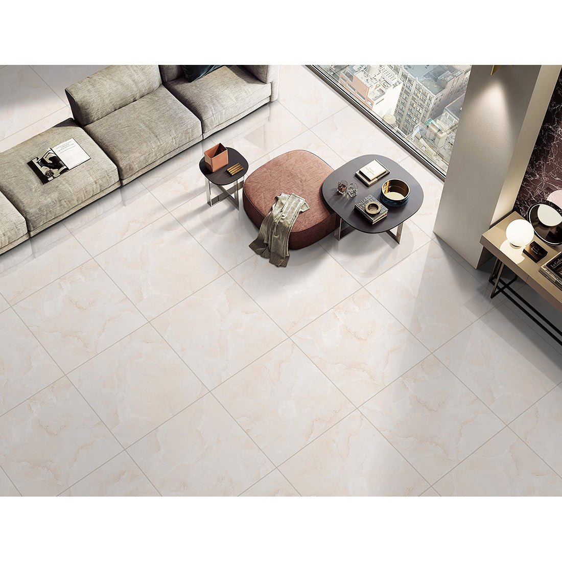Emola Cream Onyx Effect Polished Porcelain 80x80cm Wall & Floor Tile - TILES Paradise