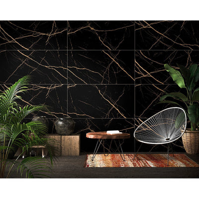 Epitome Black & Gold High Gloss Porcelain 60x120cm Kitchen Bathroom Wall & Floor Tile - TILES Paradise