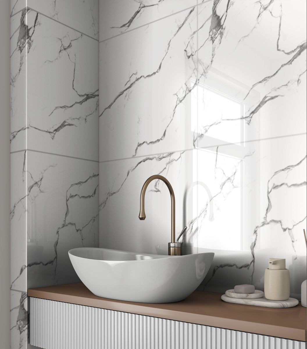 Eternal Elegance Carrara Marble Effect Polished Porcelain 60x60cm Wall and Floor Tile - TILES Paradise