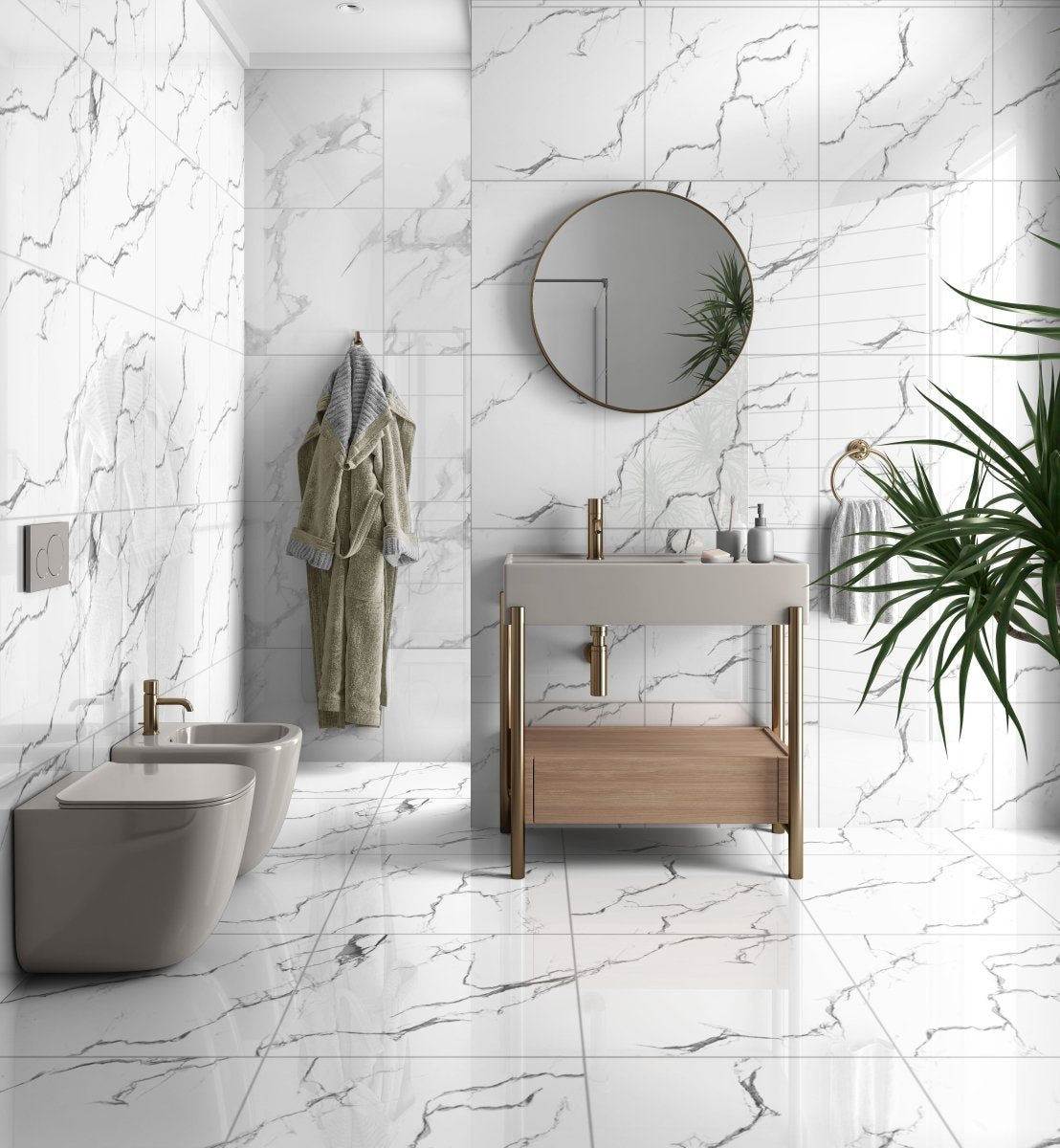 Eternal Elegance Carrara Marble Effect Polished Porcelain 60x60cm Wall and Floor Tile - TILES Paradise