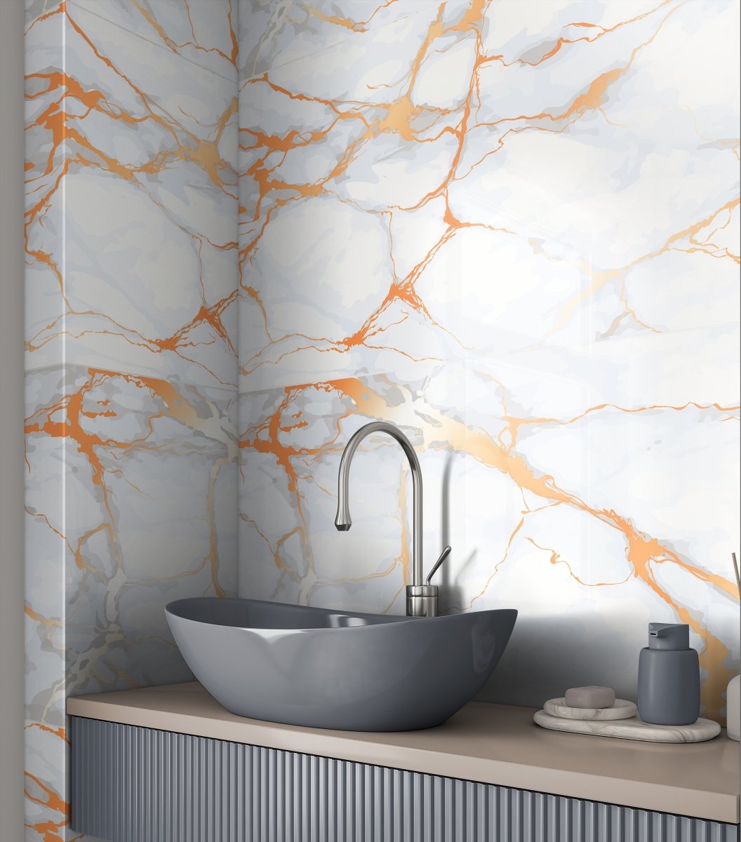 Honey Orange Marble Effect Polished Porcelain 60x120cm Wall and Floor Tile - TILES Paradise