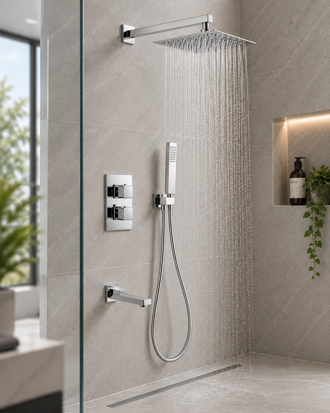 Quadra Chrome Concealed Thermostatic Shower Set with Bath Spout – 3 Outlet Twin Valve, 300mm Square Rainfall Head & Handset