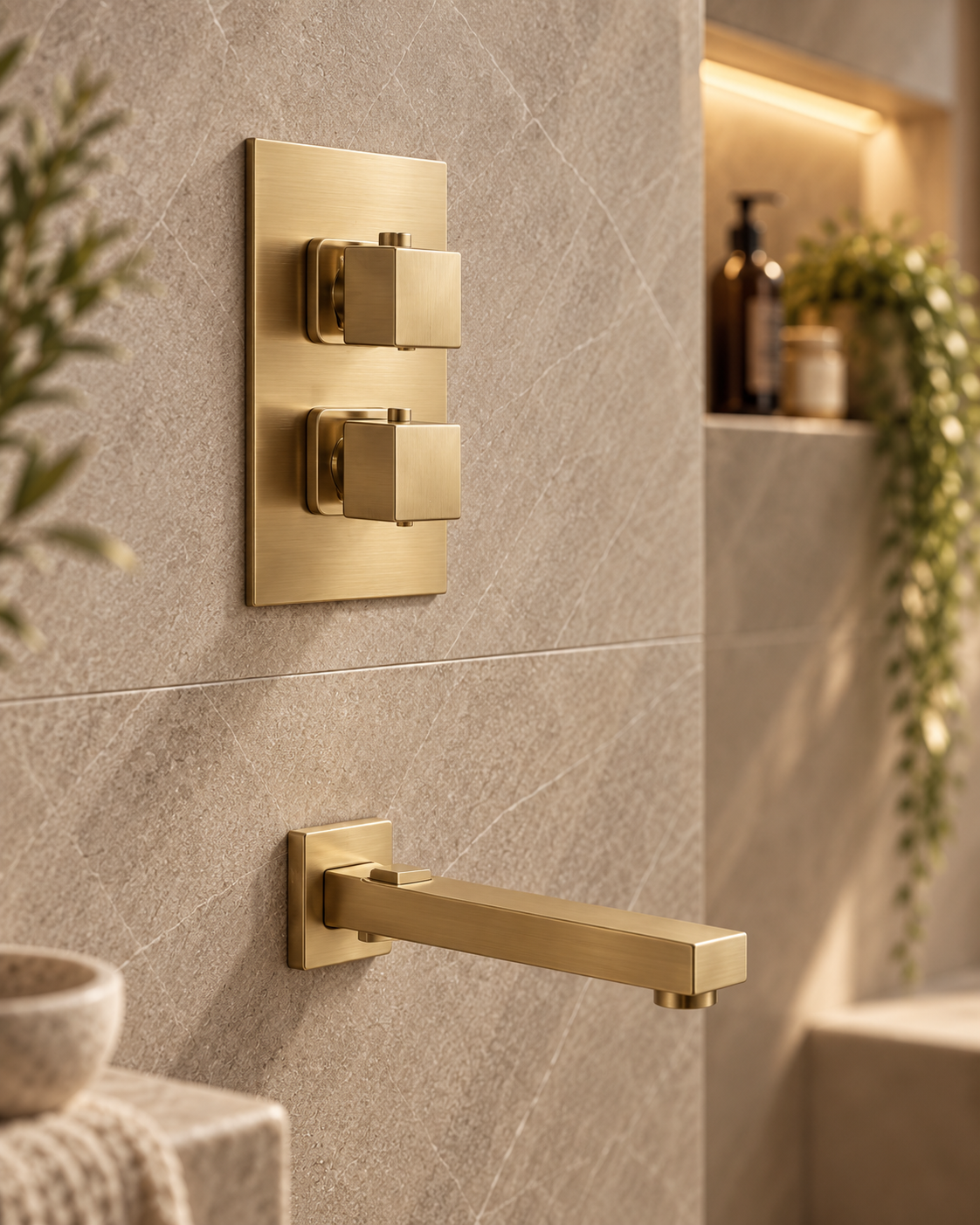 Quadra Brushed Gold Concealed Thermostatic Shower Set with Bath Spout – 3 Outlet Twin Valve, 300mm Square Rainfall Head & Handset