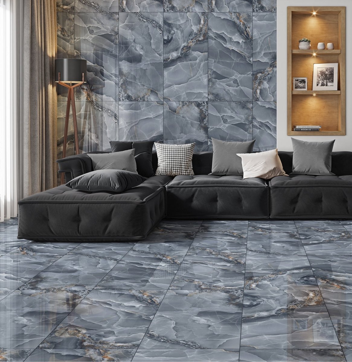 Job Lot : (28 sq.m) Onyx Blue Marble Effect Polished Porcelain 60x120cm Wall and Floor Tile - TILES Paradise
