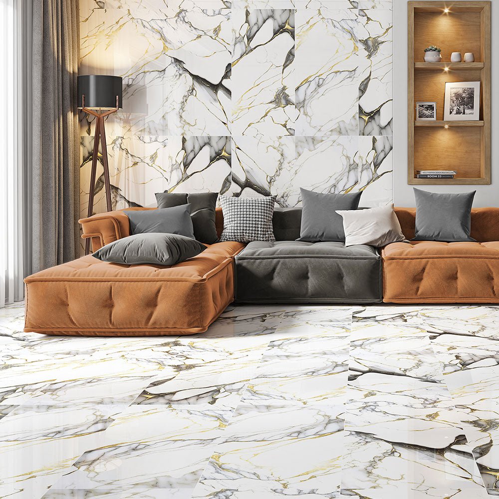 Job Lot: 42 Tiles (30 sq.m) Magnum Gold Marble Effect Polished Porcelain 60x120cm Wall and Floor Tile - TILES Paradise