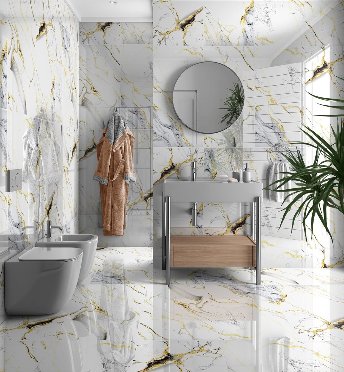 Job Lot: 42 Tiles (30 sq.m) Sky Gold Marble Effect Polished Porcelain 60x120cm Wall and Floor Tile - TILES Paradise
