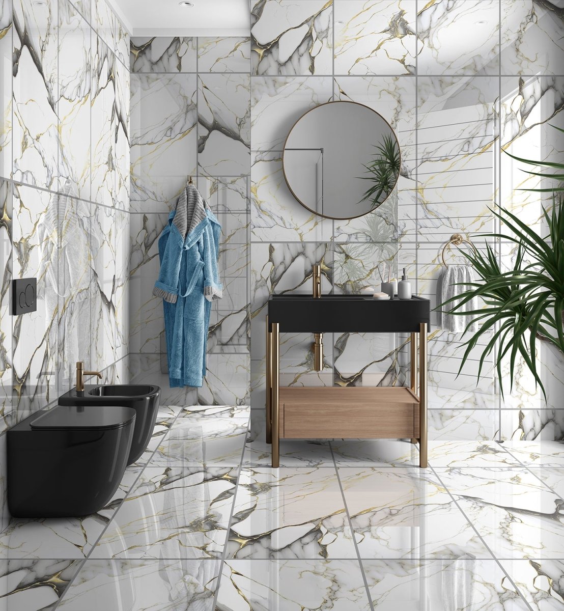 Job Lot: 51 Tiles (38 sq.m) Magnum Gold Marble Effect Polished Porcelain 60x120cm Wall and Floor Tile - TILES Paradise