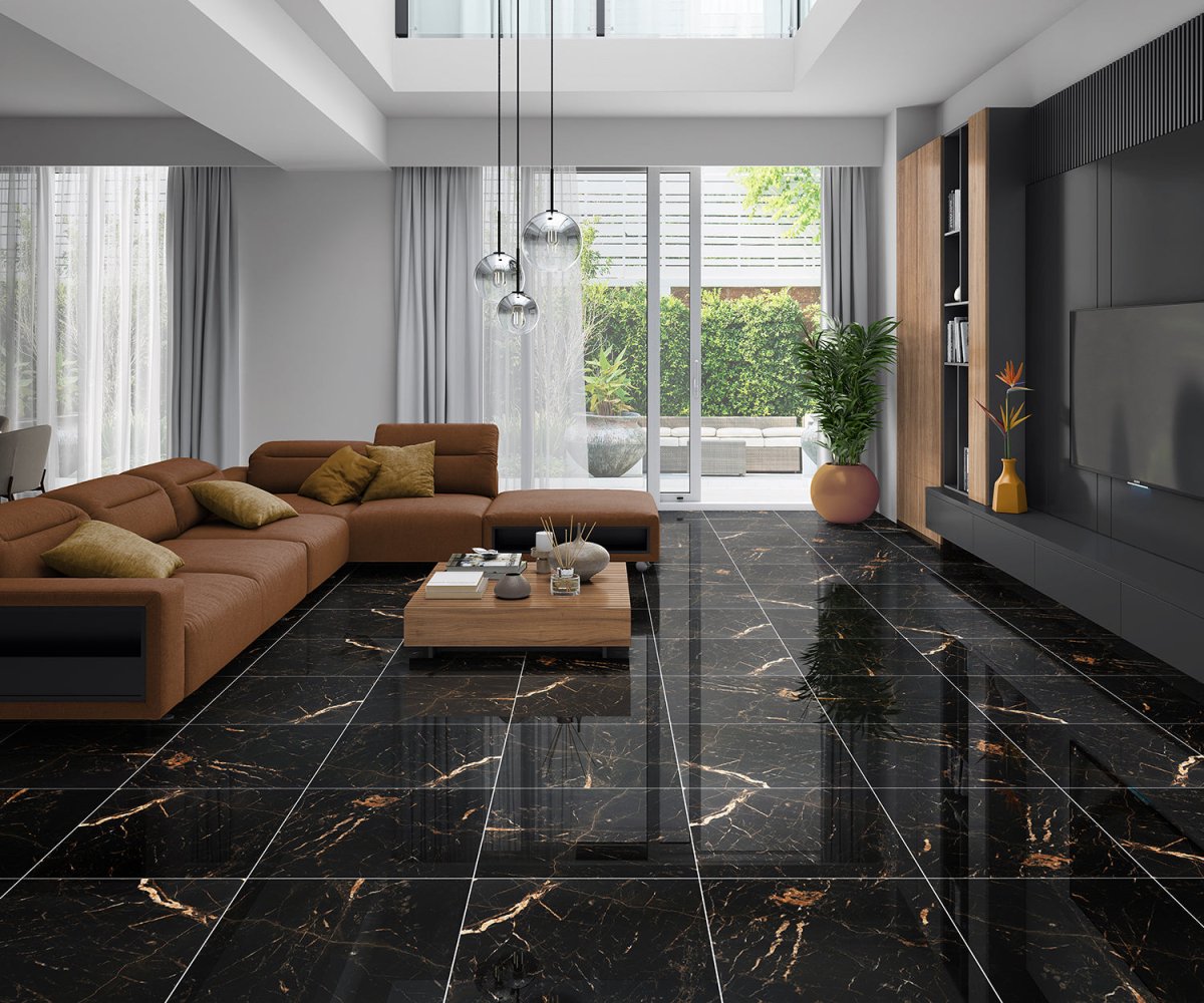 Living room with Black & Gold Marble Effect Porcelain Tile 60x60cm polished floor, large windows and sofa.
