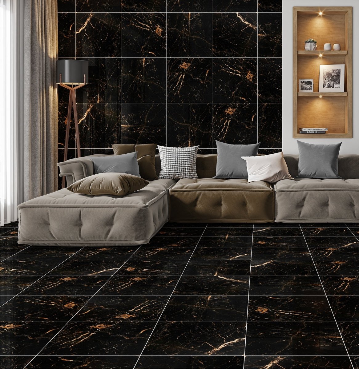 Living room with Black & Gold Marble Effect Porcelain Tile 60x60cm on wall and floor behind grey sofa.