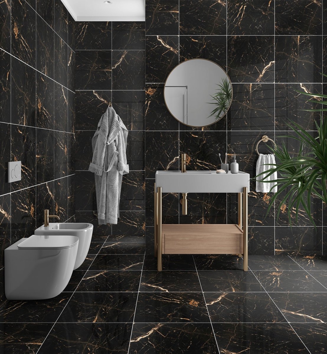 Bathroom with Black & Gold Marble Effect Porcelain Tile 60x60cm on walls and floor, round mirror and vanity.