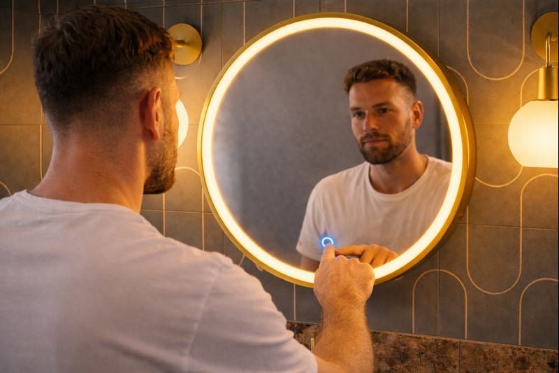 Lumora 600mm Round LED Bathroom Mirror β Brushed Brass, Dimmable Tri - Light, Anti - Fog - TILES Paradise