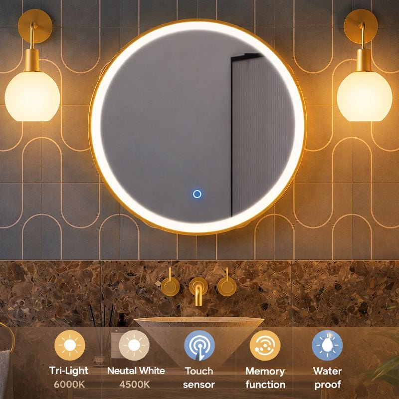 Lumora 600mm Round LED Bathroom Mirror β Brushed Brass, Dimmable Tri - Light, Anti - Fog - TILES Paradise