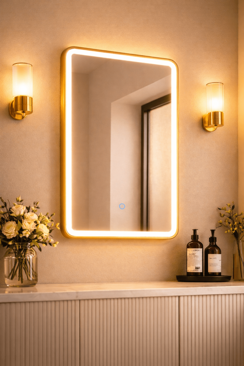 Lumora 700x500mm Brushed Gold LED Illuminated Bathroom Mirror - Anti - Fog - Vertical/Horizontal - TILES Paradise