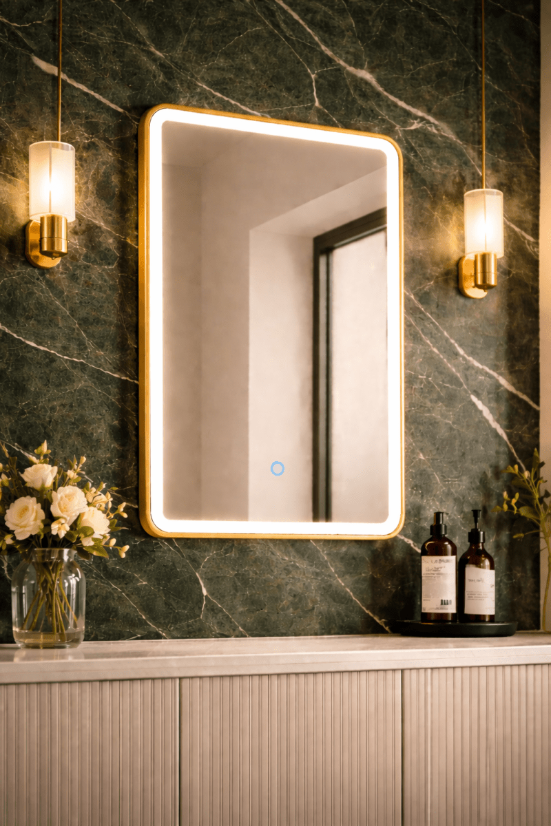 Lumora 700x500mm Brushed Gold LED Illuminated Bathroom Mirror - Anti - Fog - Vertical/Horizontal - TILES Paradise