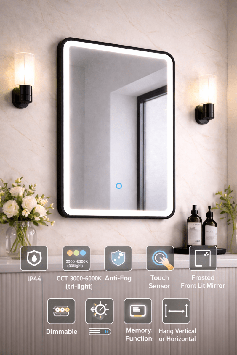 Lumora 700x500mm Matt Black LED Bathroom Mirror - Anti - Fog - Dimmable Tri - Light - TILES Paradise