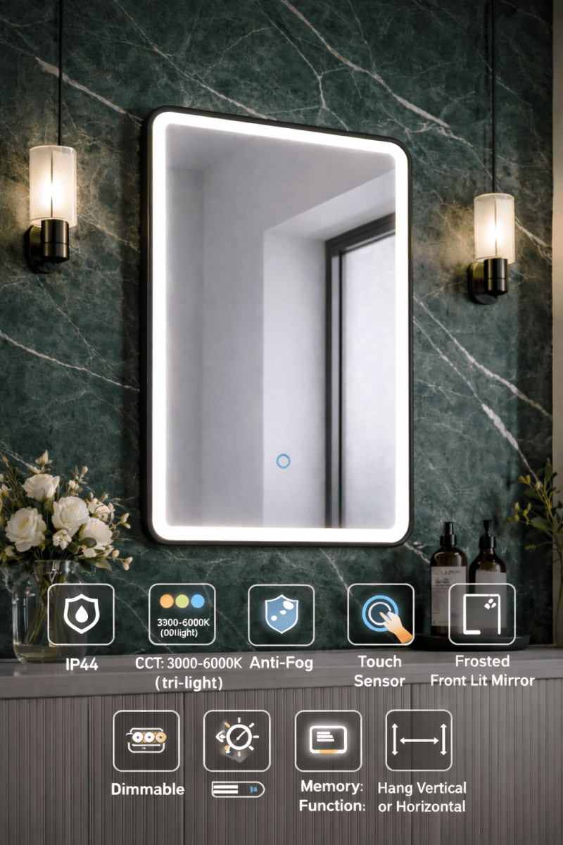 Lumora 700x500mm Matt Black LED Bathroom Mirror - Anti - Fog - Dimmable Tri - Light - TILES Paradise