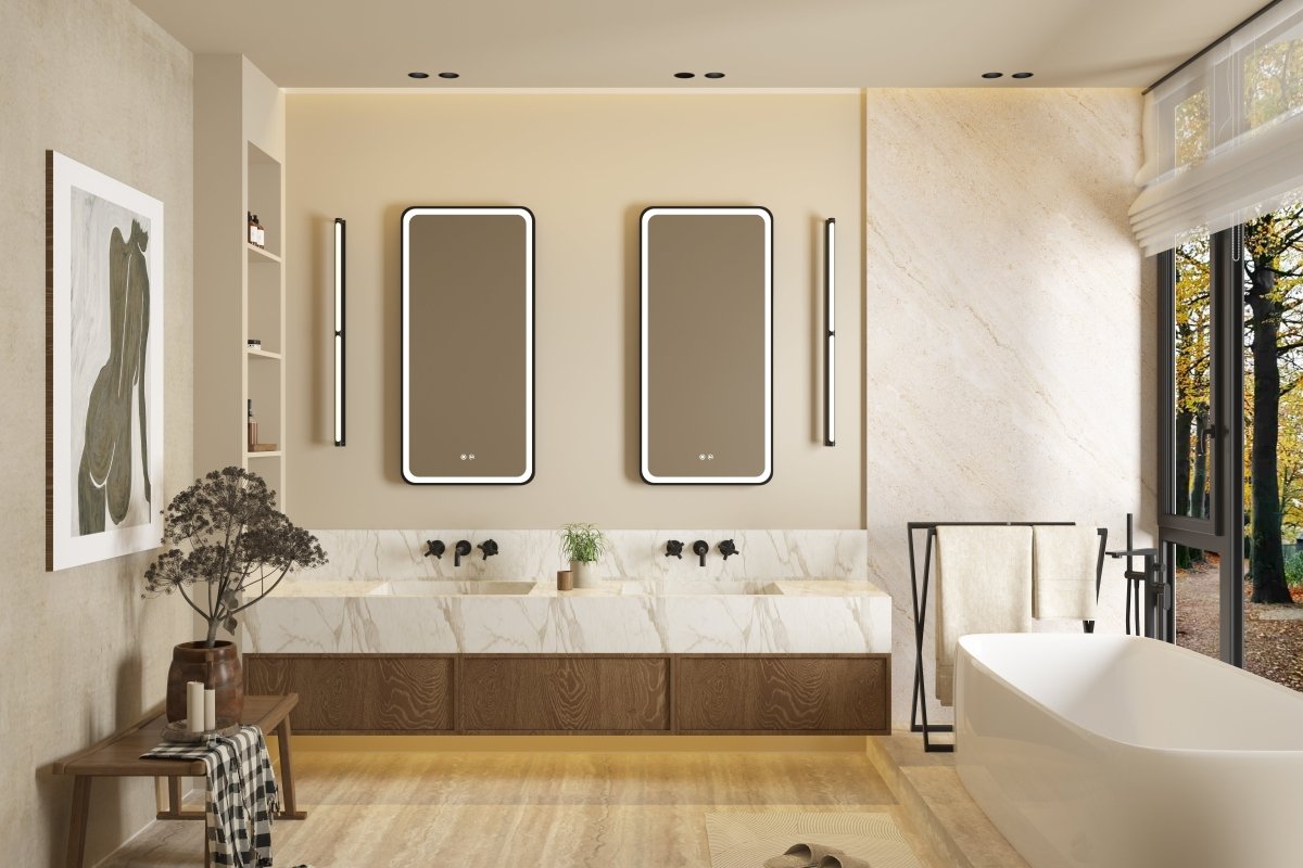 Lumora 700x500mm Matt Black LED Bathroom Mirror - Anti - Fog - Dimmable Tri - Light - TILES Paradise