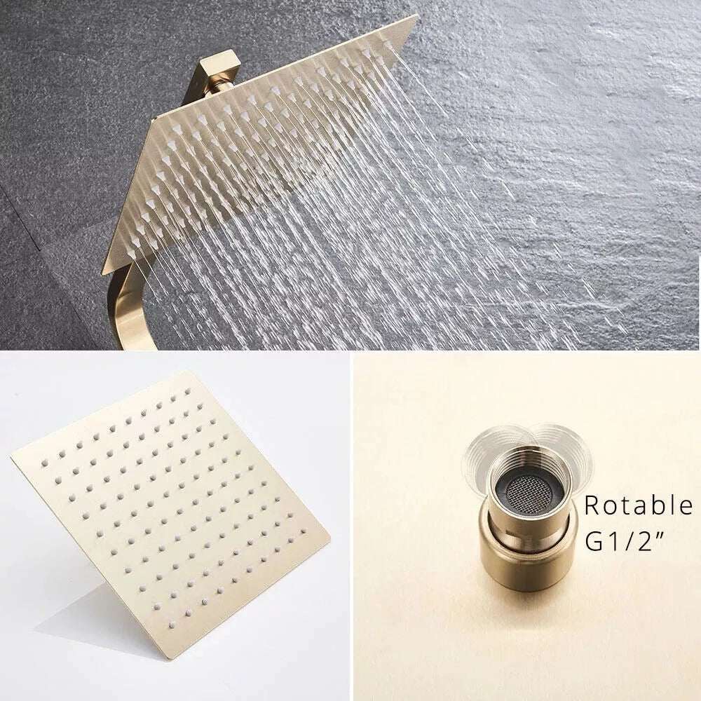 Lunoro Brushed Gold Thermostatic Bath & Shower Set – Waterfall & Rainfall Head with Shelf - TILES Paradise