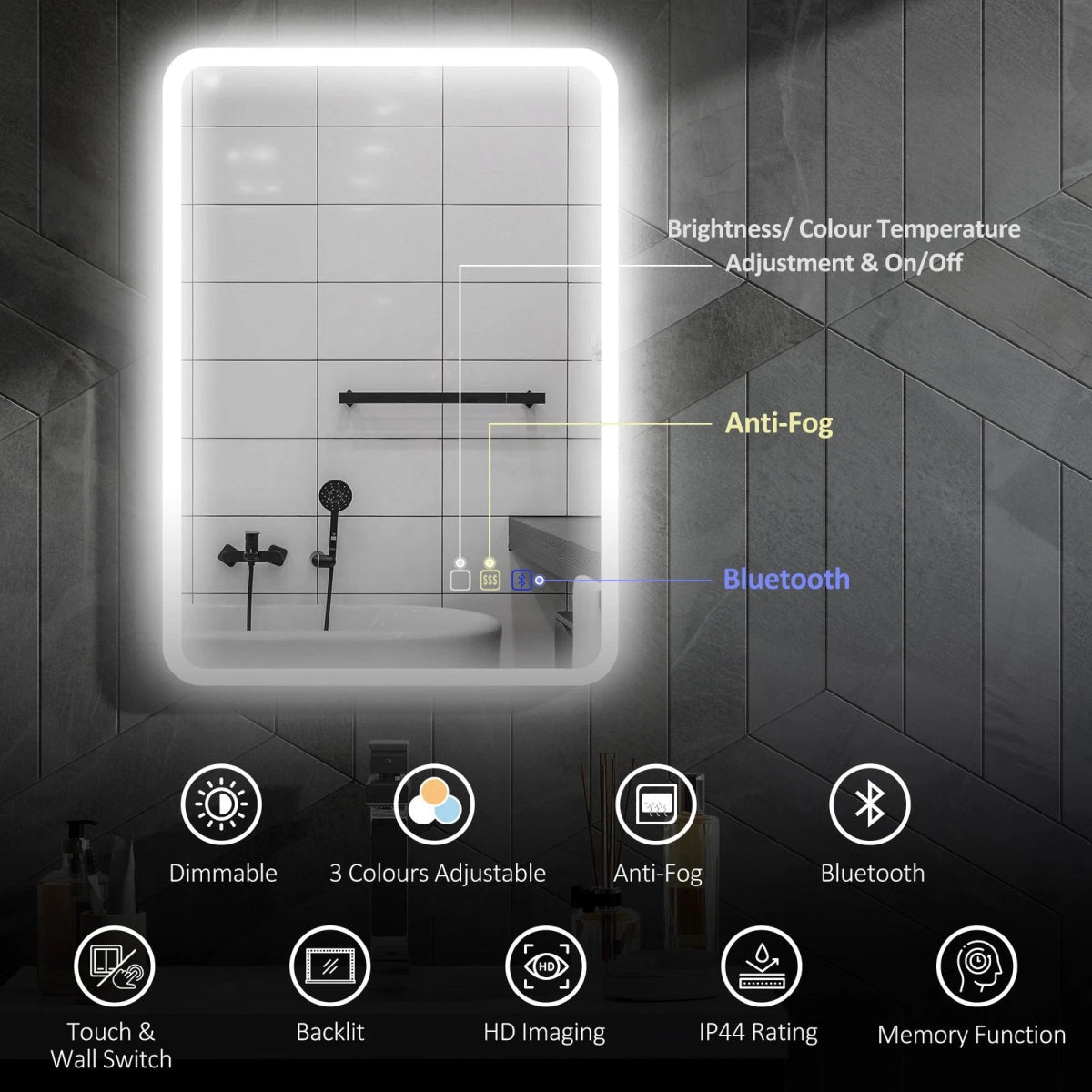 LustreLux 500x700mm Bluetooth LED Bathroom Mirror β Wall Mounted with Anti - Fog, Touch Control & 3 - Colour Dimmable Light - TILES Paradise