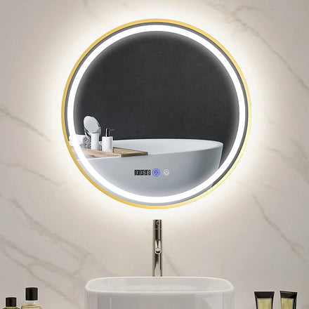 LustreLux 600mm Round LED Bathroom Mirror – Gold Frame | Wall Mounted, Anti - Fog, Dimmable Lighting, Smart Display - TILES Paradise