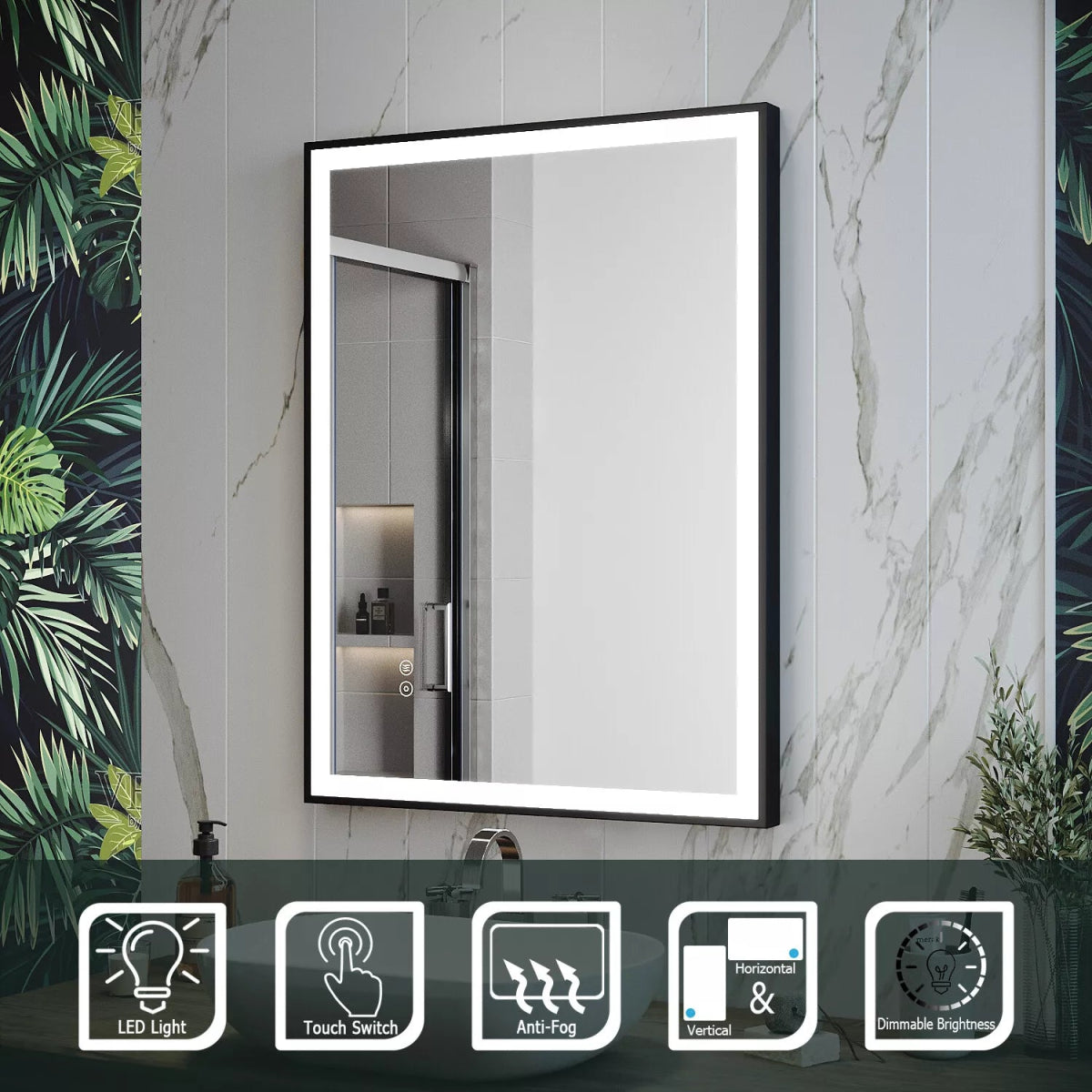 Luxore 600x800mm Black Frame LED Mirror – Cool White Light, Demister, Dimmable Touch Sensor, Shaver Socket, Vertical/Horizontal - TILES Paradise