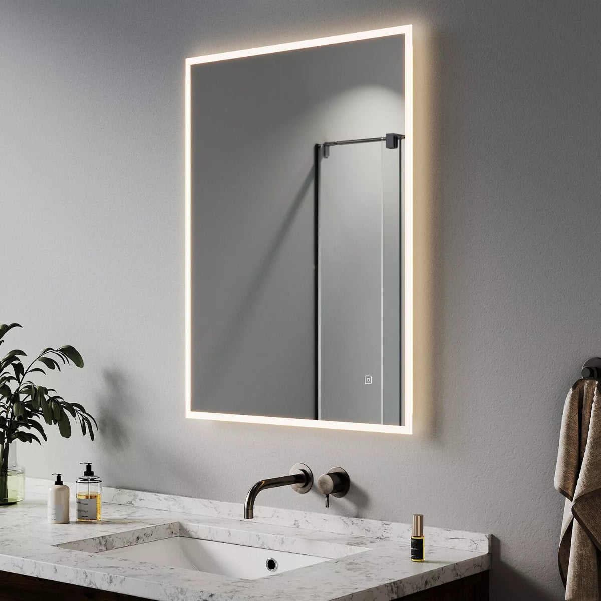 Luxore 600x800mm LED Mirror – Framed Backlit Design, Tri - Colour Dimmable Light, Shaver Socket, Demister Pad, Vertical/Horizontal - TILES Paradise