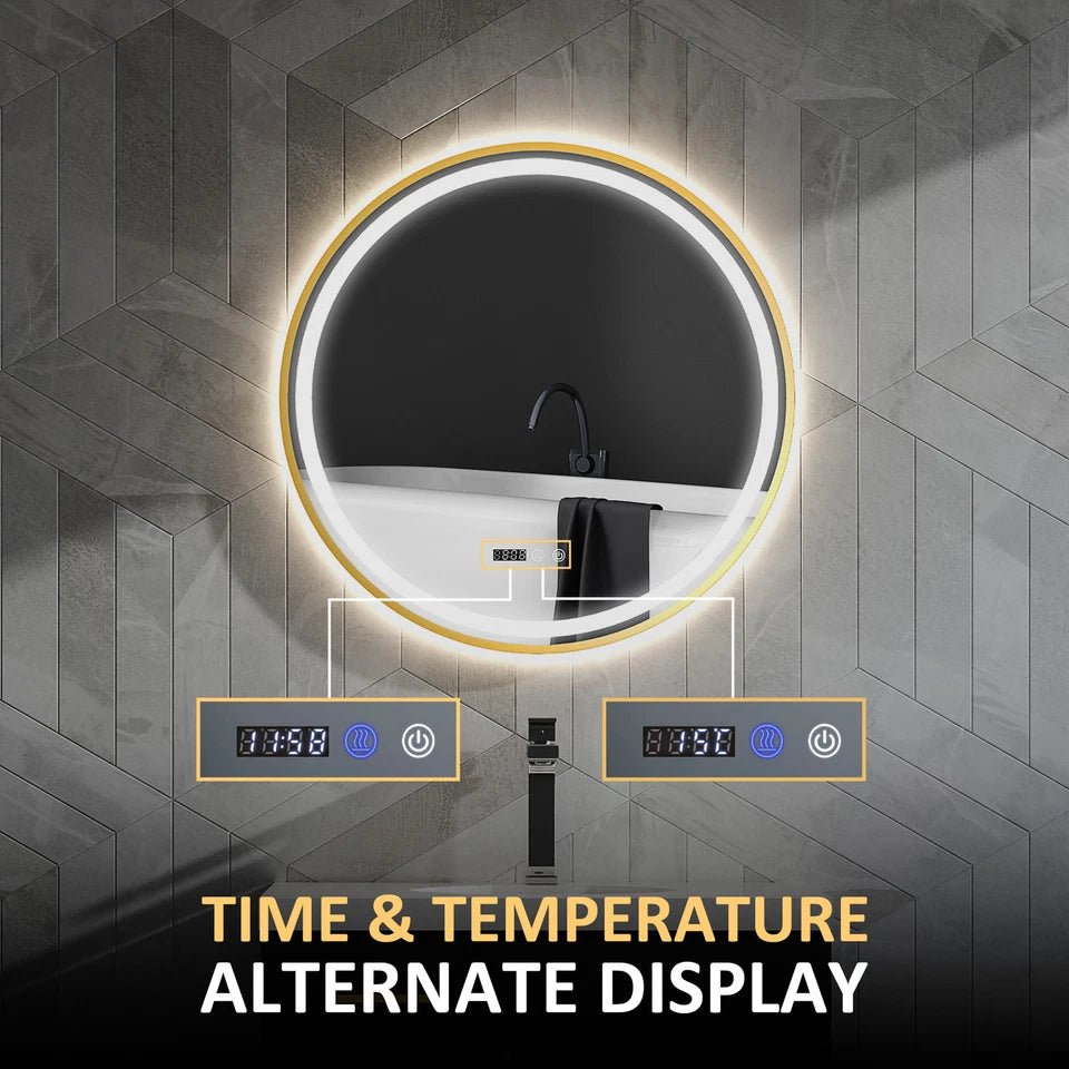Luxore 800mm Round LED Mirror – Gold Frame, Front & Backlit, Tri - Colour Dimmable Light, Demister, Time & Temp Display, IP44 - TILES Paradise